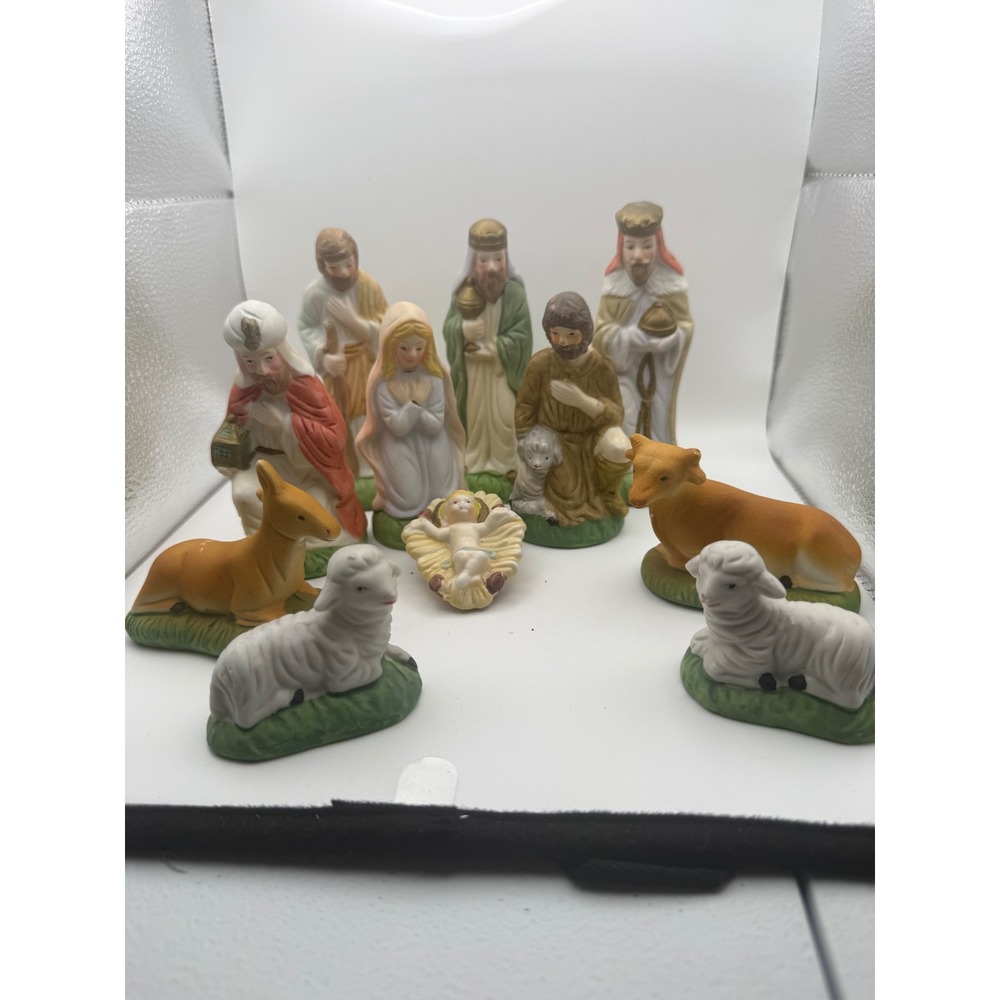 Vintage 11 Piece Porcelain Nativity Set Hand Painted Christmas Manger Figurines